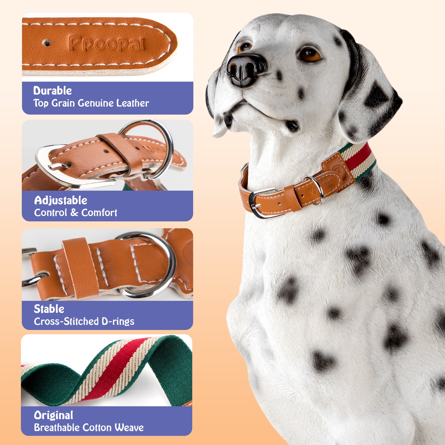 Top-Grain Leather Dog Collar, Adjustable Choke Proof Wider Dog Collars, Dual Stitch Metal D-Ring Buckle